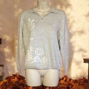 Alfre Dunner Women Sweater Petite Small Henley Zip Floral Embroider Preppy